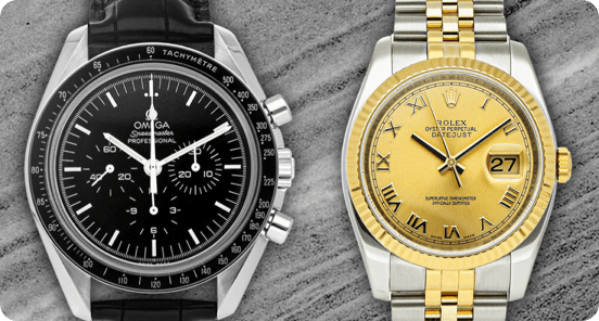 A black OMEGA watch and a gold Rolex watch on a gray textured background.