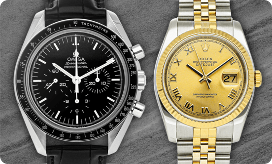 An OMEGA Speedmaster and Rolex Datejust.