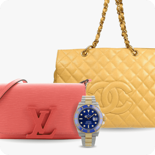 A yellow Chanel bag, a pink Louis Vuitton bag, and a Rolex watch linking to luxury items page