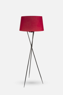 A red lampshade with three legs linking to lighting page