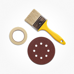 Tape, a paint brush, and a stencil, linking to DIY.