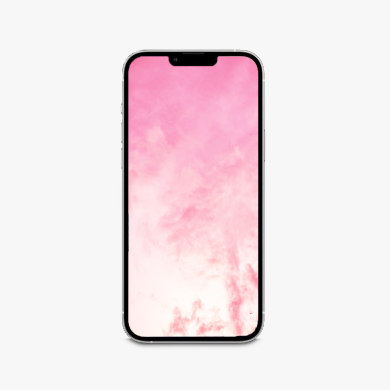 A black iPhone 14 featuring an abstract pink screensaver.