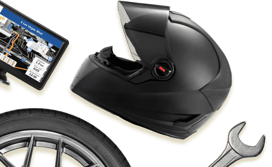 Motorcycle helmet, wrench, and wheel linking to car and motorcycle gifts page