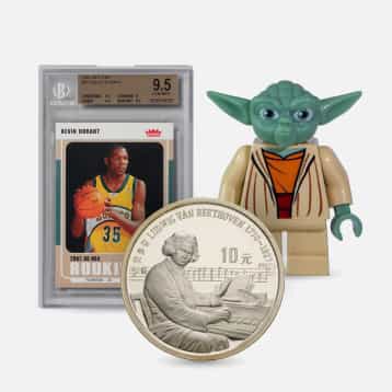 A trading card, Yoda model, and coin linking to collectibles shopping hub