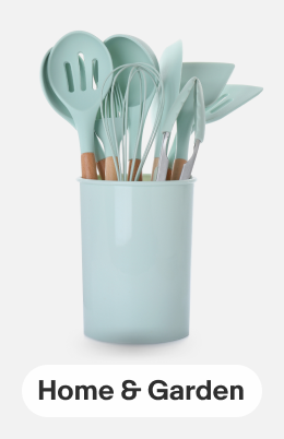 A set of blue kitchen utensils, linking to home and garden items.
