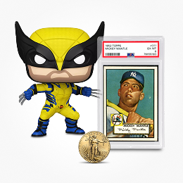 A Wolverine doll, a baseball card, and a bronze coin, linking to collectibles.