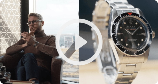 A split screen image of a person clapping on the left and a silver Rolex watch on the right.