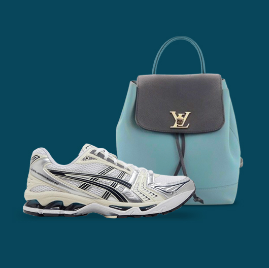 An ASICS Gel Kayano 14 sneaker is infront of a teal Louis Vuitton backpack.