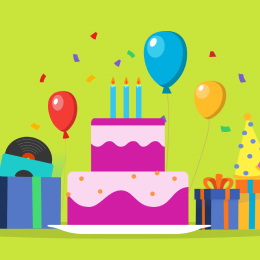 An illustration of a pink birthday cake, balloons, confetti, and gifts on a lime green background.