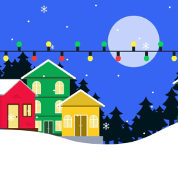 An illustration of houses on a snowy street at nighttime with multicolored lights strung overhead.