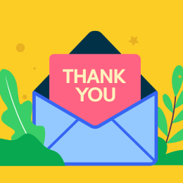 An illustration of an envelope with a card inside reading 'Thank you', surrounded by plants on a yellow background.