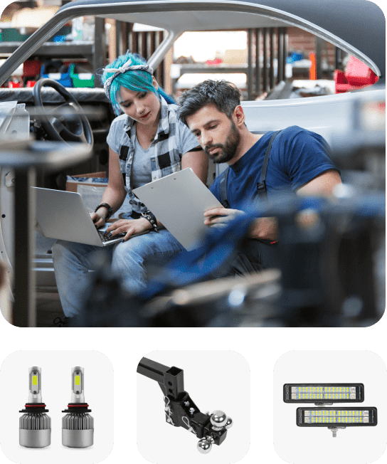Two people looking at a clipboard in an auto shop linking to DIY landing page, Two headlight bulbs, A hitch, A pair of light bars
