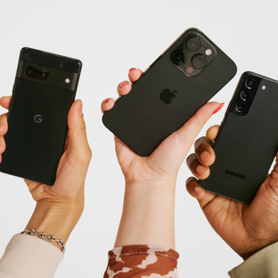 Image shows three hands holding smartphones in the air. Links to Sales and Events page.