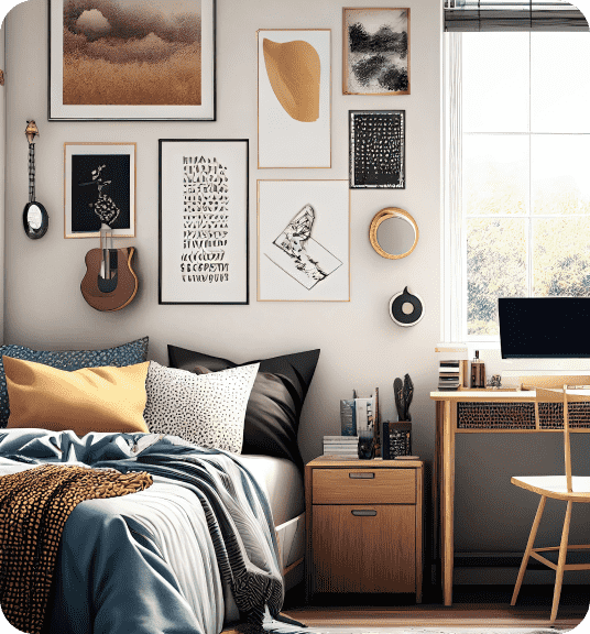 A room with a bed, desk, and side table linking to dorm essentials event page