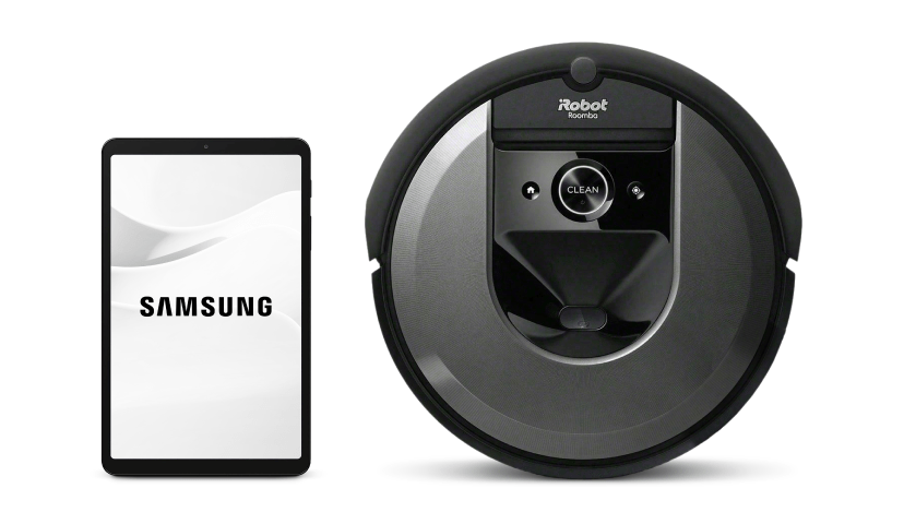 Two appliances placed on a white background. On the left is a Samsung Galaxy Tab A T307U 8.4' 32GB Mocha Tablet with an abstract grey pattern on its screen and the Samsung logo in the center. On the right is a iRobot Roomba i7 Vacuum Cleaning Robot.