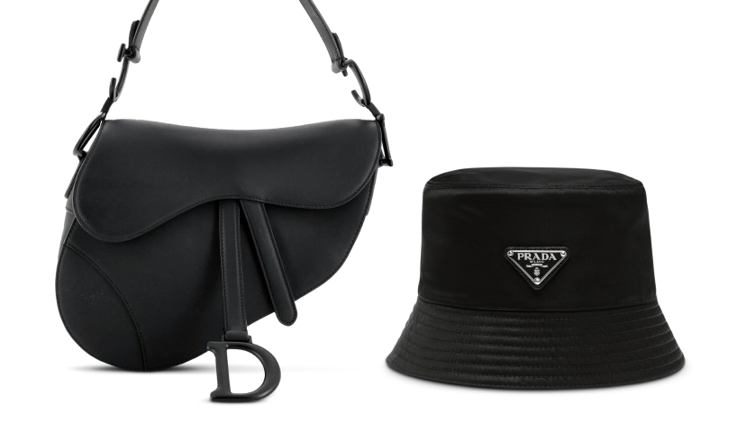 A black Christian Dior Ultra Matte Calfskin mini saddle bag and a black Prada nylon bucket hat sit on a white background.