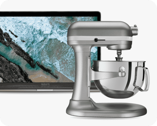 A macbook pro and a kitchen aid mixer linking to refurbished page