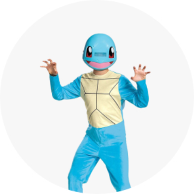 A boy wearing a Squirtle costume.