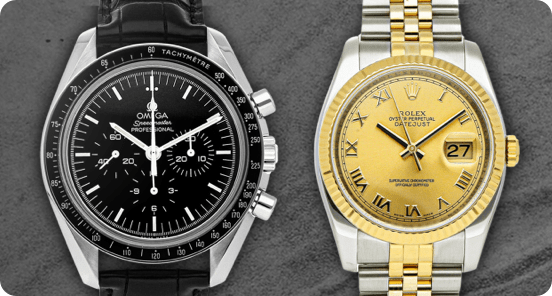 An OMEGA and a Rolex watch on a grey textured background.