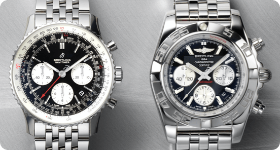 Two Breitling watches on a light grey textured background.