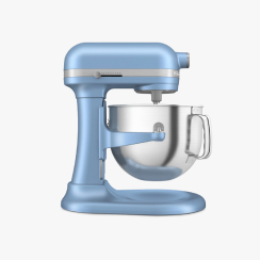A KitchenAid stand mixer in 'blue velvet' against a gray background.
