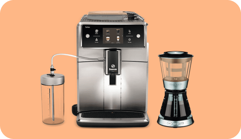 Sitting against an orange background are a Saeco Xelsis espresso machine and a Cuisinart automatic cold brew coffeemaker.