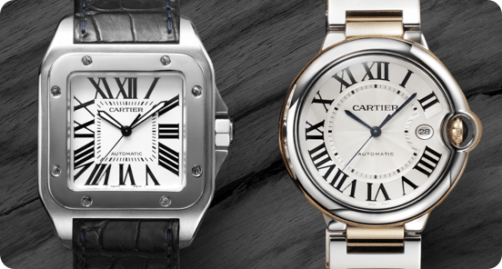 Two Cartier watches on a gray textured background.