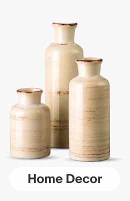 A trio of tan minimalist flower vases of varying heights. Links to Home Decor page.