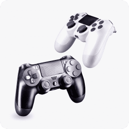 A black video game controller and a white video game controller linking to tech deals page