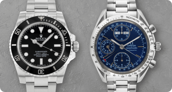 Rolex and OMEGA watches on a grey background.