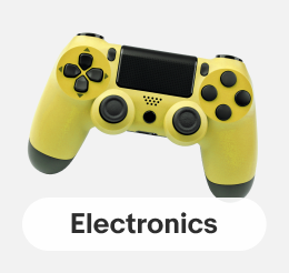 A yellow video game controller, linking to electronics items.