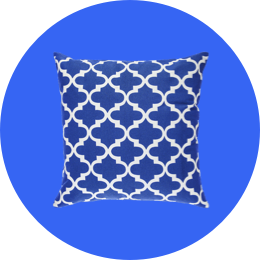 Blue and white geometric patterned cushion.