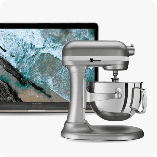 A macbook pro and a kitchen aid mixer linking to refurbished page