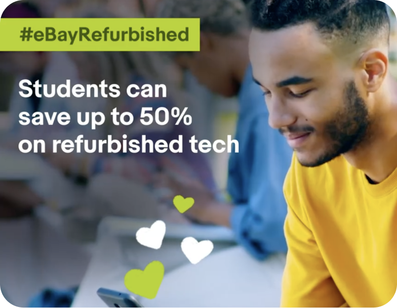 A person looking down holding a phone. Image text reads save up to 50% on refurbished tech linking to Instagram.