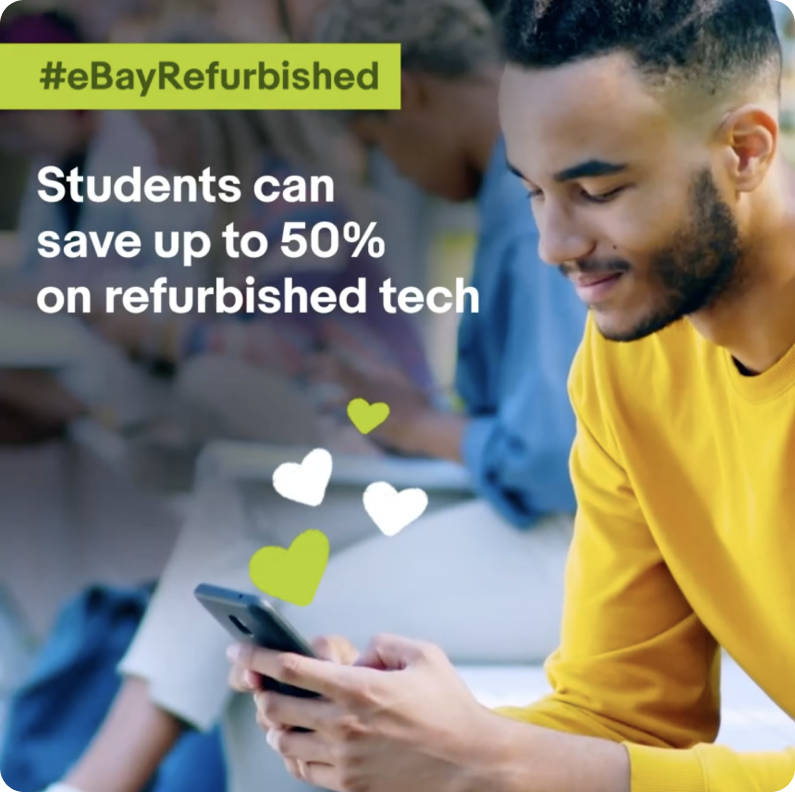 A person looking down holding a phone. Image text reads save up to 50% on refurbished tech linking to Instagram.