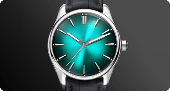 A balck and silver watch on a black background.