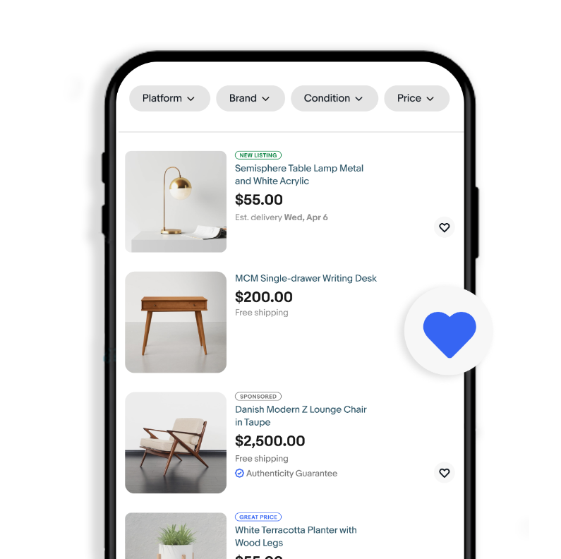 Cellphone shows home decor items a customer has saved using the Watchlist feature. Links to page with details about Watchlist.