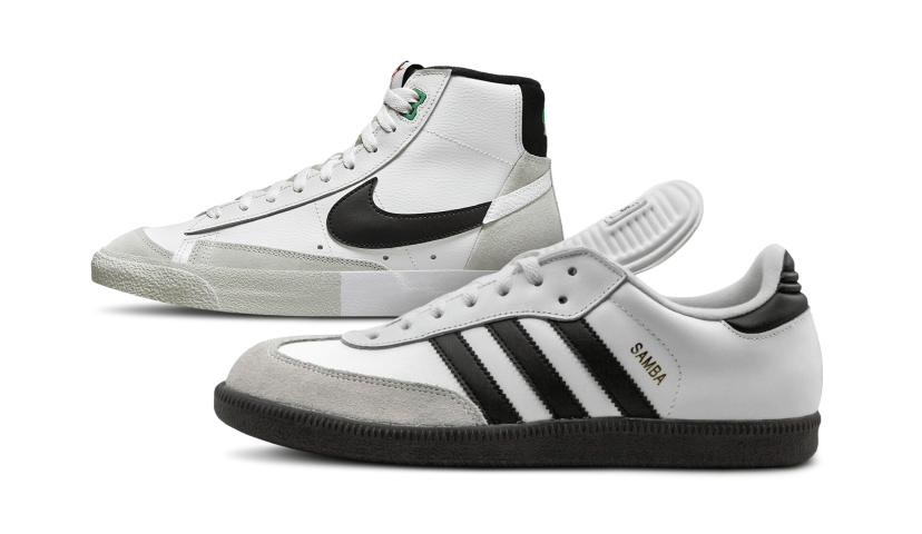 Two sneakers sit on a white background. In front is a white adidas original Samba Classic sneaker with black stripes. Behind it is a Nike Blazer Mid '77 Premium 'Split' with a high top, white body, a two-tone white and grey-green midsole, a two-tone white and black Nike swoosh, and a grey-green back panel.