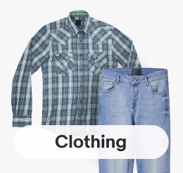 A unisex blue plaid button down shirt with a pair of pale blue denim jeans. Links to Clothing page