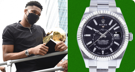 Photograph of Giannis Antetokounmpo and his Rolex watch.