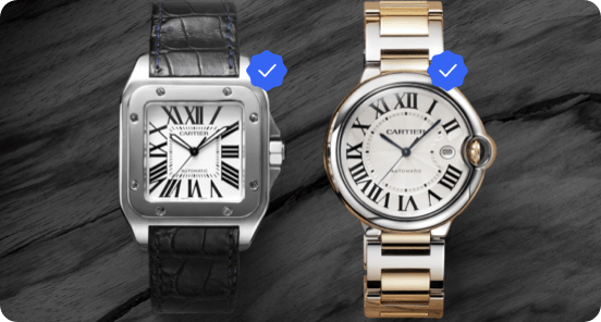 2 Cartier watches, one silver with a black leather strap and the other with a silver metal strap.