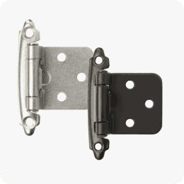 A silver hinge and a black hinge linking to hardware and building supplies page