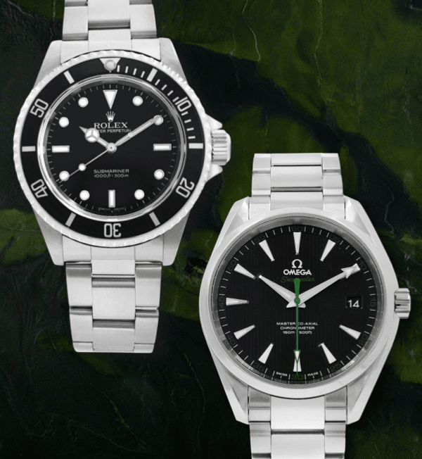 A Rolex Submariner and an OMEGA Aqua Terra watch.