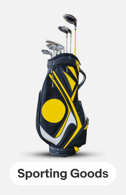 A set of golf clubs in a yellow and black bag linking to sporting goods.