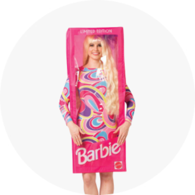 A woman in a Barbie costume with a Barbie box attached.