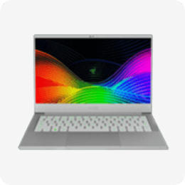 Silver laptop with rainbow abstract screensaver.