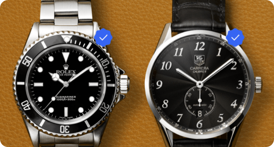 A gold Rolex on a black textured backgroundA watch with a silver strap and a watch with a black strap on a brown background.