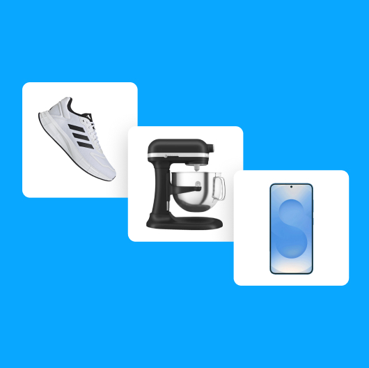 An adidas sneaker, a KitchenAid mixer, and a smartphone on white tiles against a blue background.