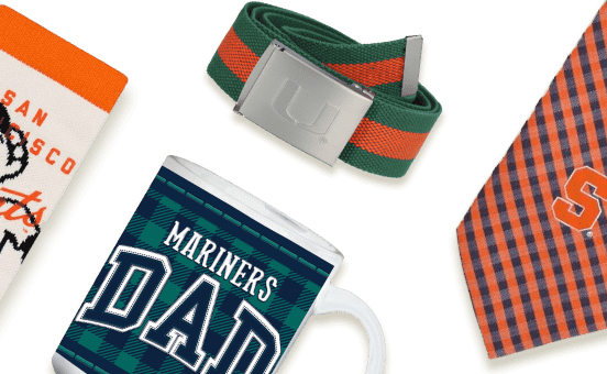 Team mug, tie, and belt linking to sports collectibles page